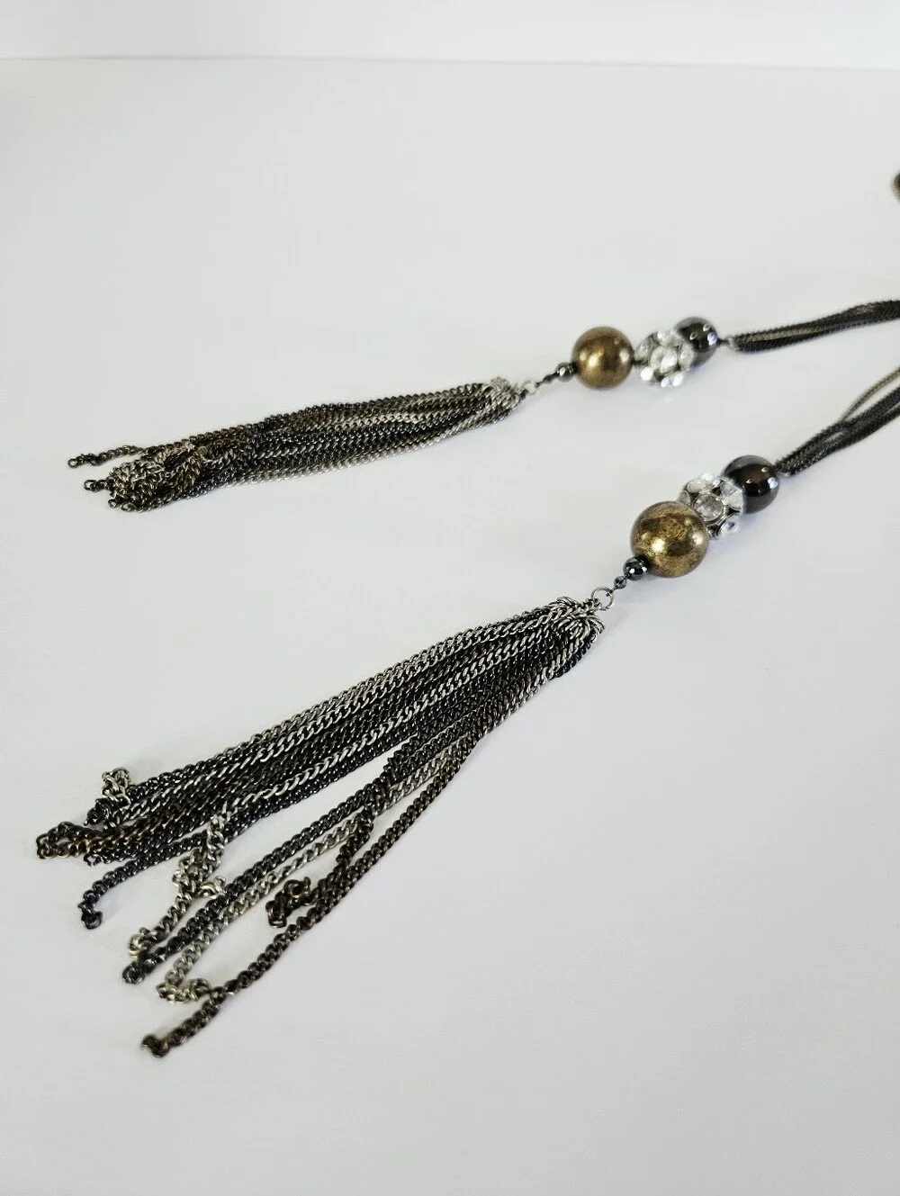 Vintage Y2K Multi-Strand Long Tassel Lariat Fringe Triple Tone Chain Necklace